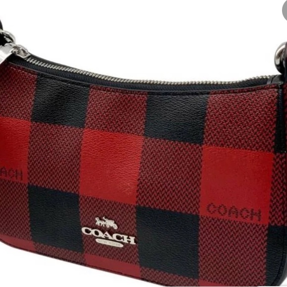 Coach Buffalo plaid Jes Baguette red and black leather crossbody bag | NEW - Picture 2 of 4